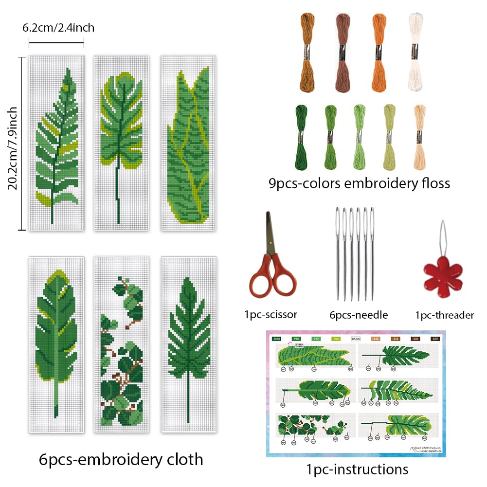 INFUNLY 6pcs Tropical Plant DIY Cross Stitch Bookmark Kit for Beginners Green Leaves Stamped Embroidery Bookmark Kit with Instruction Foliage Counted Cross Stitch Kits for Book Lovers Readers Writers - Image 2