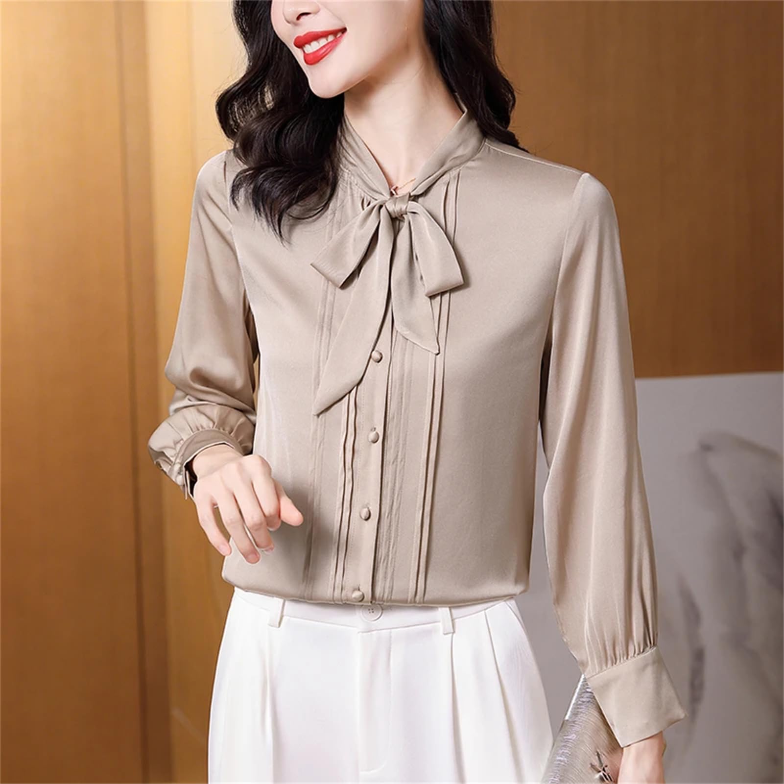 Camisa de moda para mujer, con lazo, de manga larga, de seda, para oficina, color liso