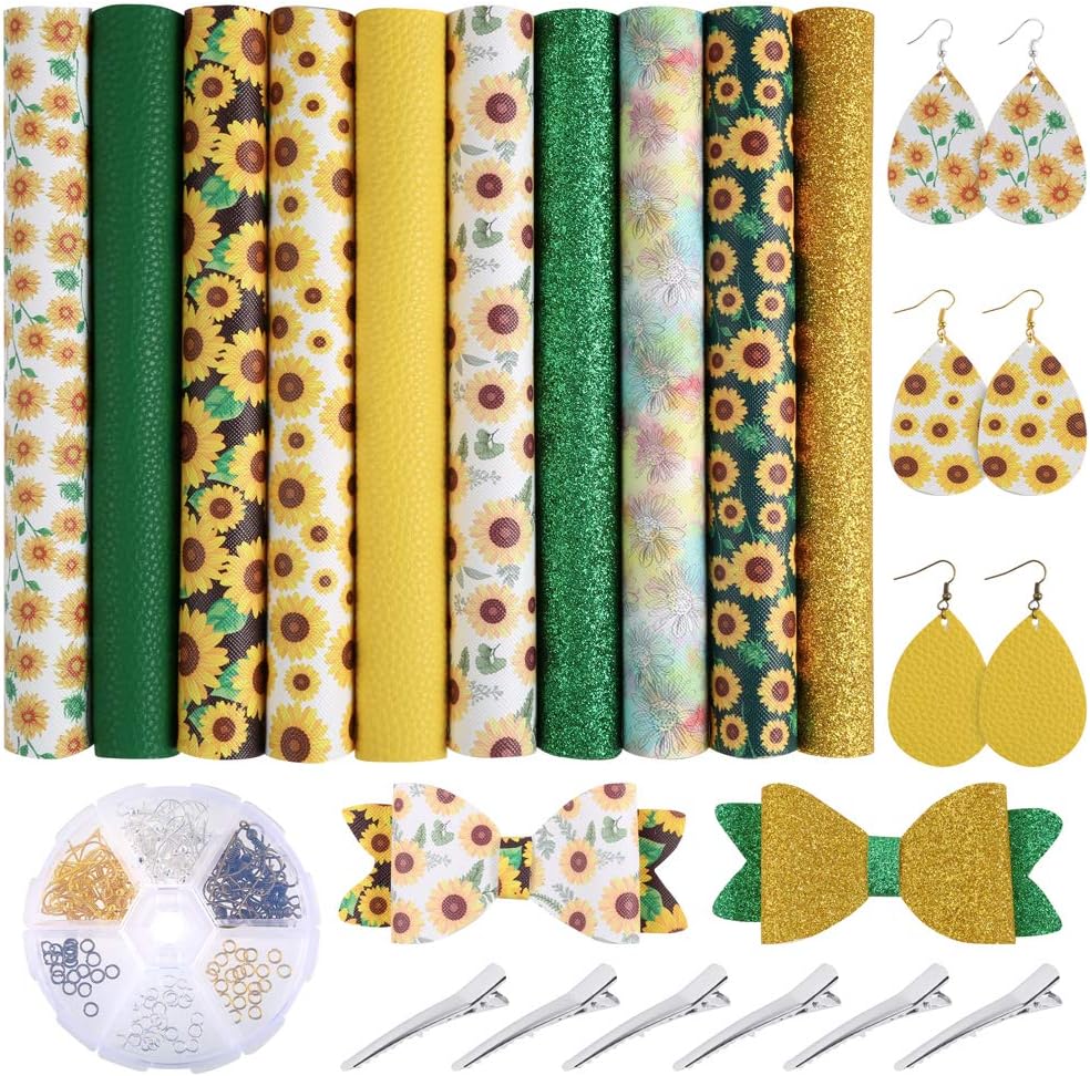 Caydo 10 Pieces Sunflower Printed Faux Leather Sheet, 106 PCS Earring Making Kit Include Earring Hooks, Hair Clips for Making Hair Bows and Earrings (8.2 x 6.3 inch)