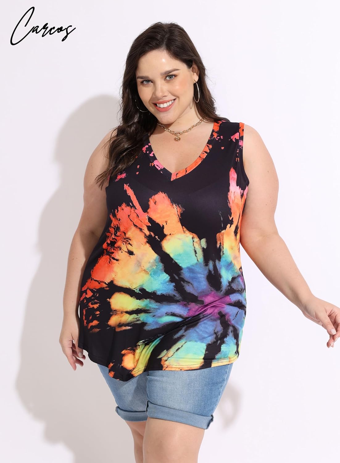 CARCOS Plus Size Tank Tops for Women V Neck Sleeveless T Shirts Solid/Tie Dye/Floral Camisole Casual Tanks for Summer XL-5XL - Image 3