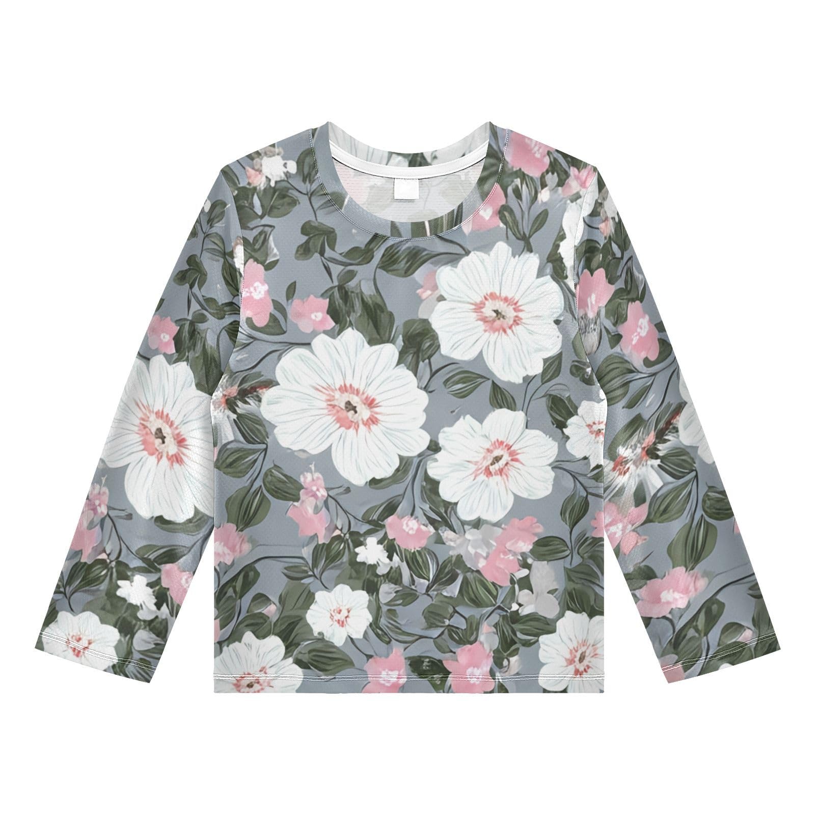 White Hibiscus Flower Gray Boy's Rash Guard Swim Shirt Long Sleeve Sun Shirt for Toddler Kid UPF50+ 3T