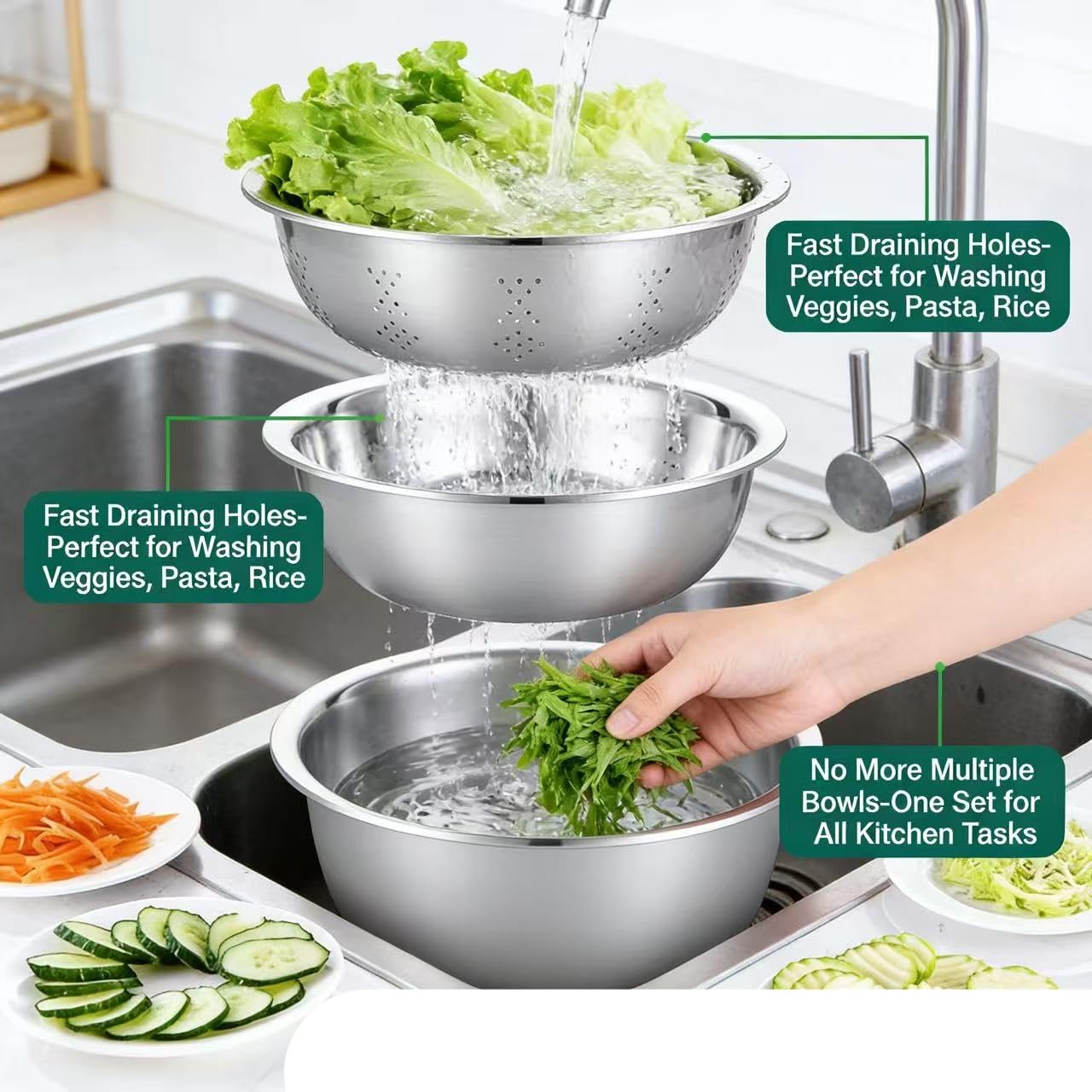 GERMANY DESIGNED 5in1 Multifunktionales Edelstahl Becken Set mit Reibe, Sieb, Abflusskorb & Salatbereiter - Premium Küche Rührschüssel für Gemüse, Obst und Nudeln