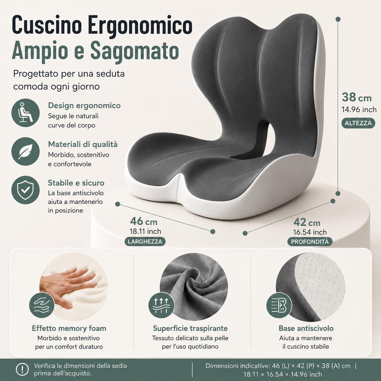 Generico Cuscino Ergonomico in Memory Foam con Ampio Supporto Lombare，Beige | Fodera traspirante lavabile e base antiscivolo. Allevia la pressione e migliora la postura. Portatile per auto e ufficio.