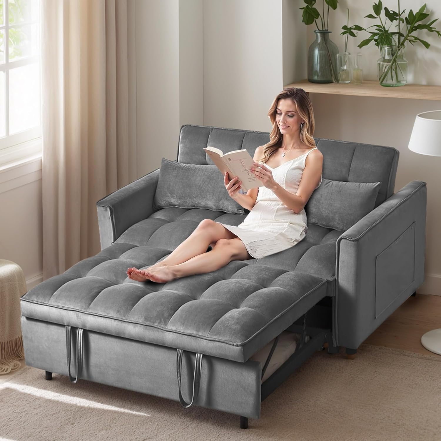 3 in 1 Pull Out Couch Bed, Convertible Futon Sofa Bed, Velvet Sleeper Loveseat for Small Living Room, Adjustable Backrest, Comfy Pillows, Side Pocket (Dark Grey)
