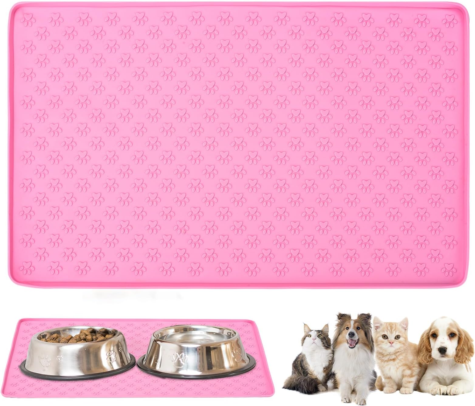 Dog Food Mat 48 x 30cm – Food Grade Silicone Dog Bowl Mat – Spill-Proof Dog Mat for Bowls – Upgraded Raised Edges Dog Splash Pads for Clean Floors – Anti-Slip Waterproof Design (Pink)