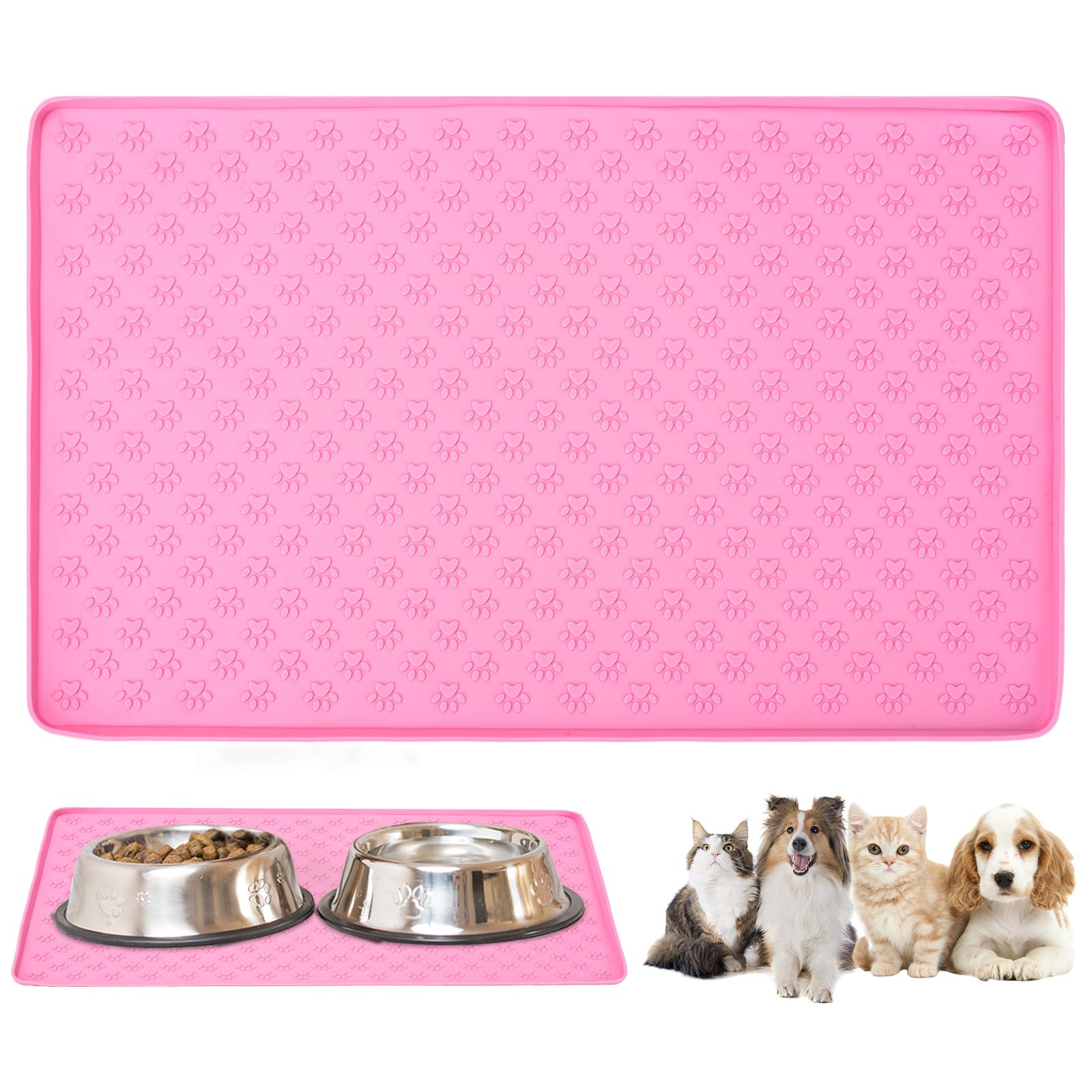 Dog Food Mat 48 x 30cm – Food Grade Silicone Dog Bowl Mat – Spill-Proof Dog Mat for Bowls – Upgraded Raised Edges Dog Splash Pads for Clean Floors – Anti-Slip Waterproof Design (Pink)