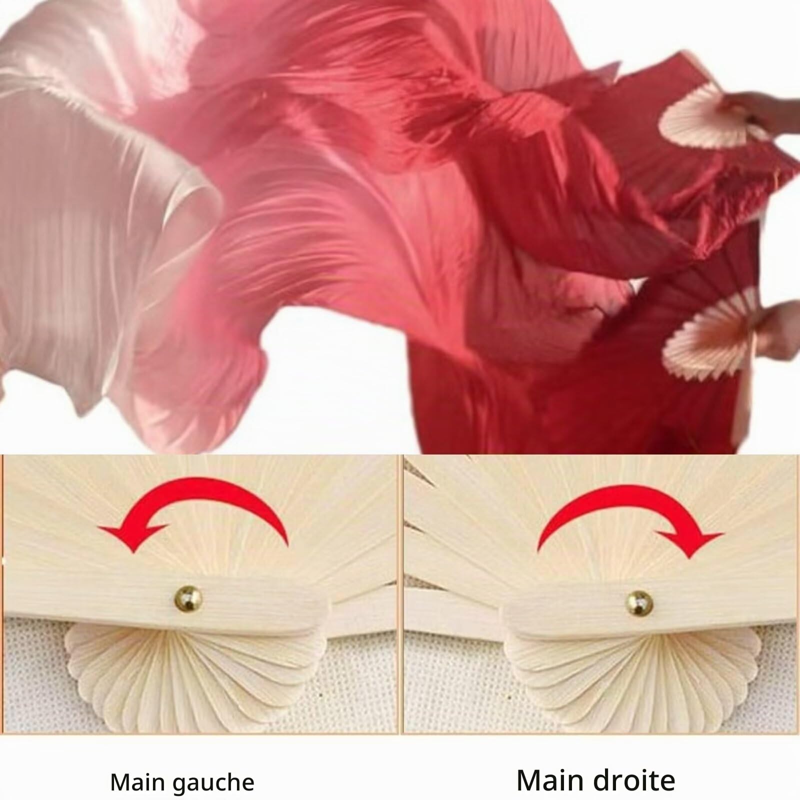 1 Paire de voiles éventails de Danse Orientale en Imitation Soie pour Femme, 1,5 m, Fait Main, Longs voiles en Bambou pour Spectacles, Main Gauche et Main Droite, dégradé de Rouge.