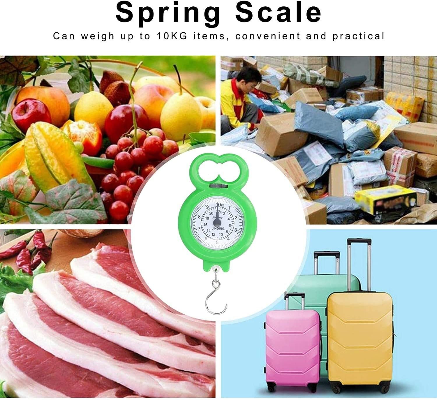 10kg Spring Scale Portable Min Pointer Hook Hanging Concealed Hook for Fishing Shopping Weighing Fishing Scale Weighing Tool Easy Carry Use(Green)