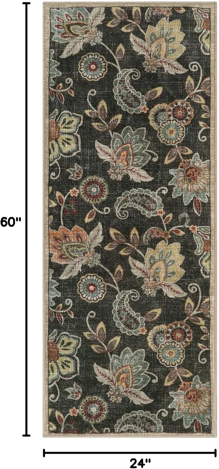 Morebes Floral Bathroom Runner Rugs 24 x 60 Non Slip,Washable Kitchen Runner Rug,Distressed Paisley Entryway Rug Bath Mat,Non Shedding Throw Carpet Runner for Entrance Laundry,Brownish Black