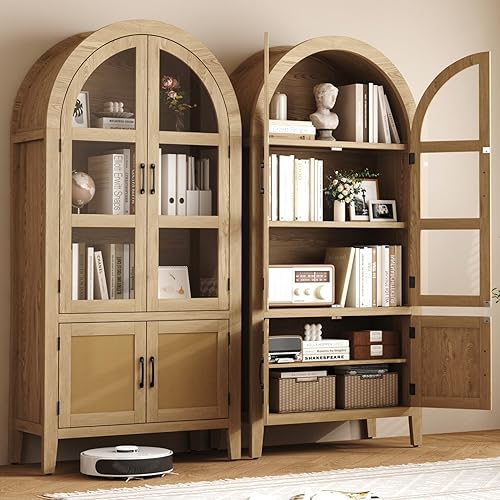 Function Home 71" Arched Kitchen Pantry Cabinet, Farmhouse Storage Cabinets with Glass Door, Tall Wood Bookshelf with Rattan Door, Modern Cupboard