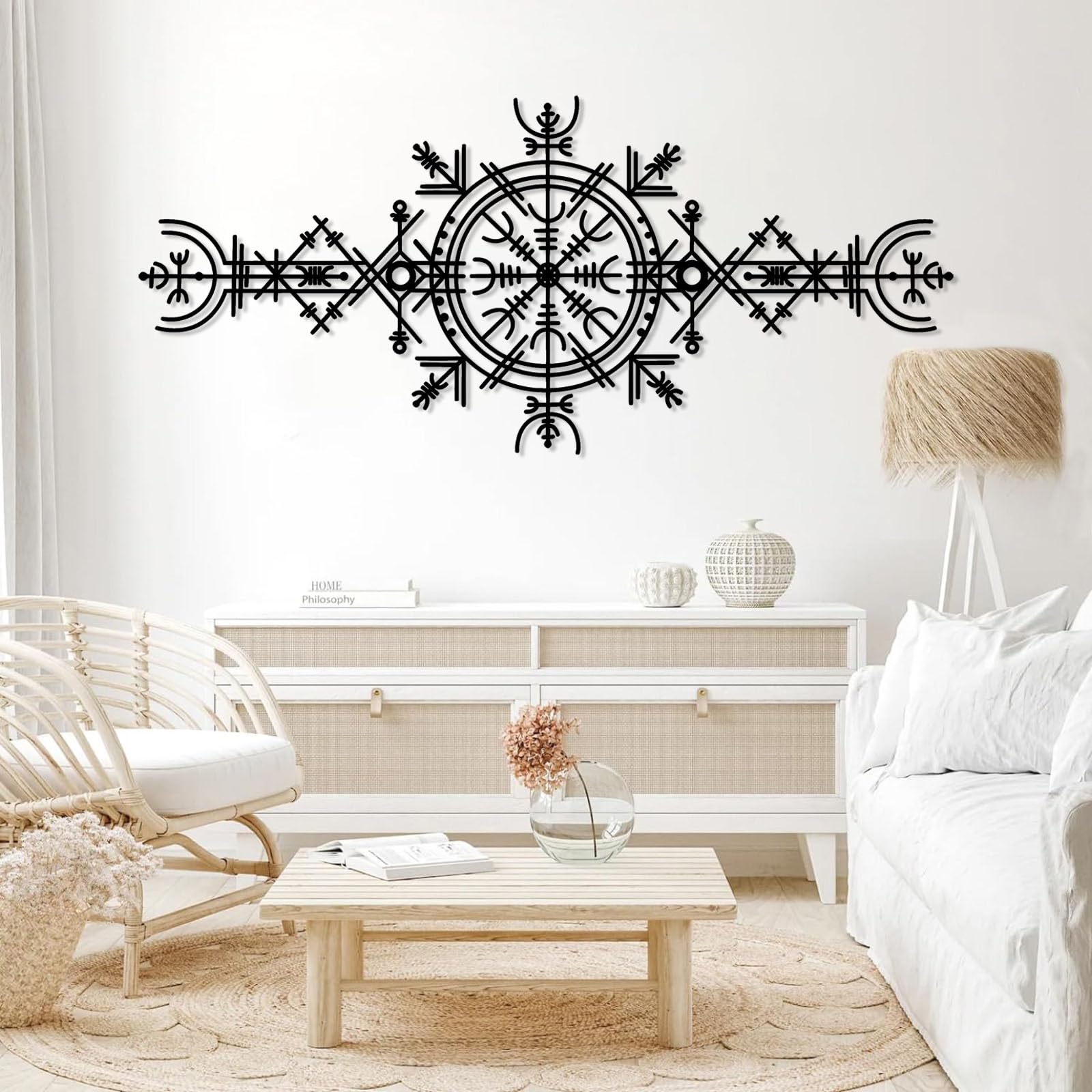 Współczesna abstrakcyjna metalowa dekoracja ścienna, dekoracja wikingów, sztuka Vegvisir, znak staronordycki, koło runiczne z Mjölnir (60 x 135 cm, czarna)