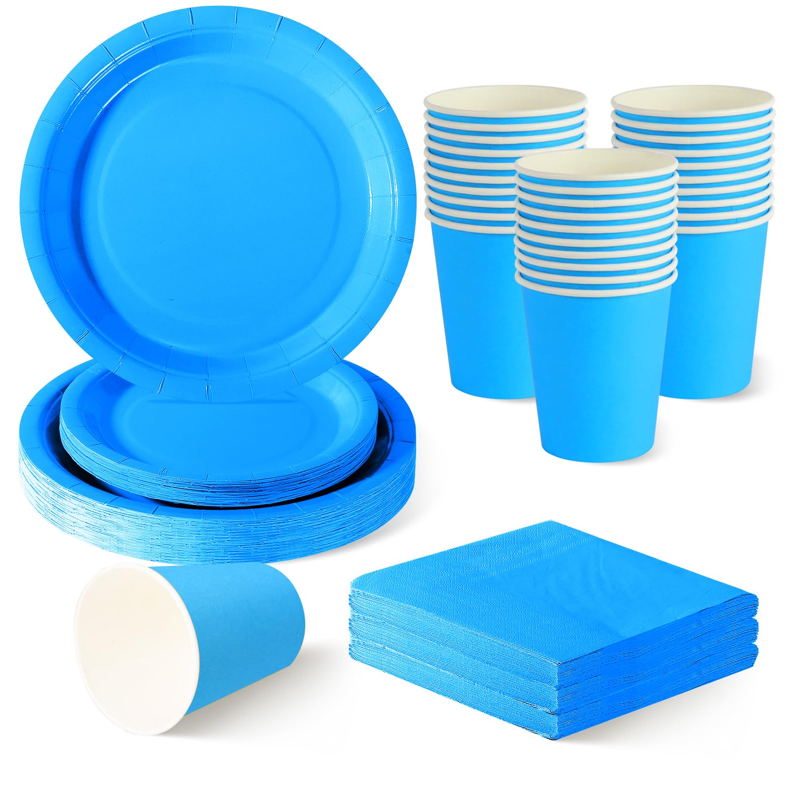 ZblPyro Sky Blue Party Tableware Set for 30 Guests | A Set of 120 pcs Includes 9" & 7" Round Paper Plates, Cups & Napkins | Baby Shower for Boy, Naming Ceremony & Summer Party