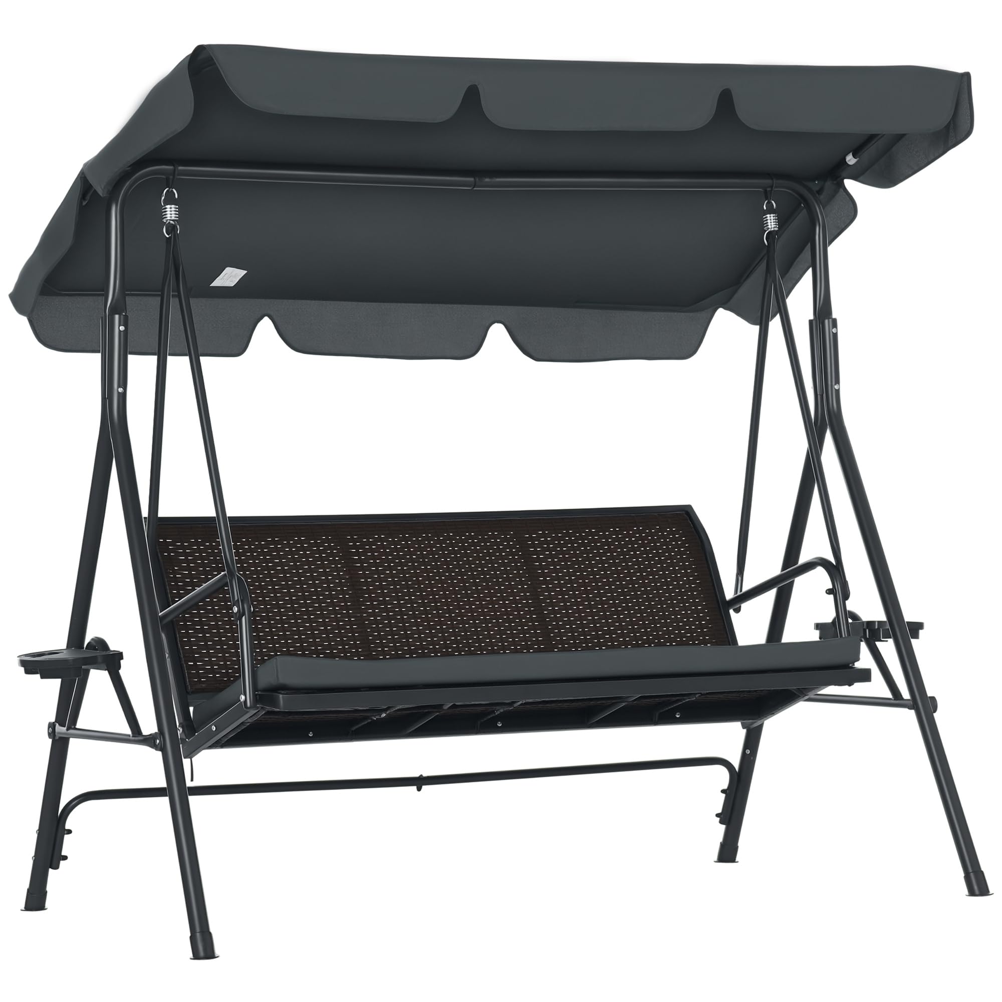 Outsunny Columpio de Jardín de 3 Plazas Banco Balancín para Exterior con Toldo Ajustable Asiento de Ratán 2 Portavasos 2 Bandejas y Marco de Acero Carga 320 kg para Terraza Patio 204x112x150 cm Gris