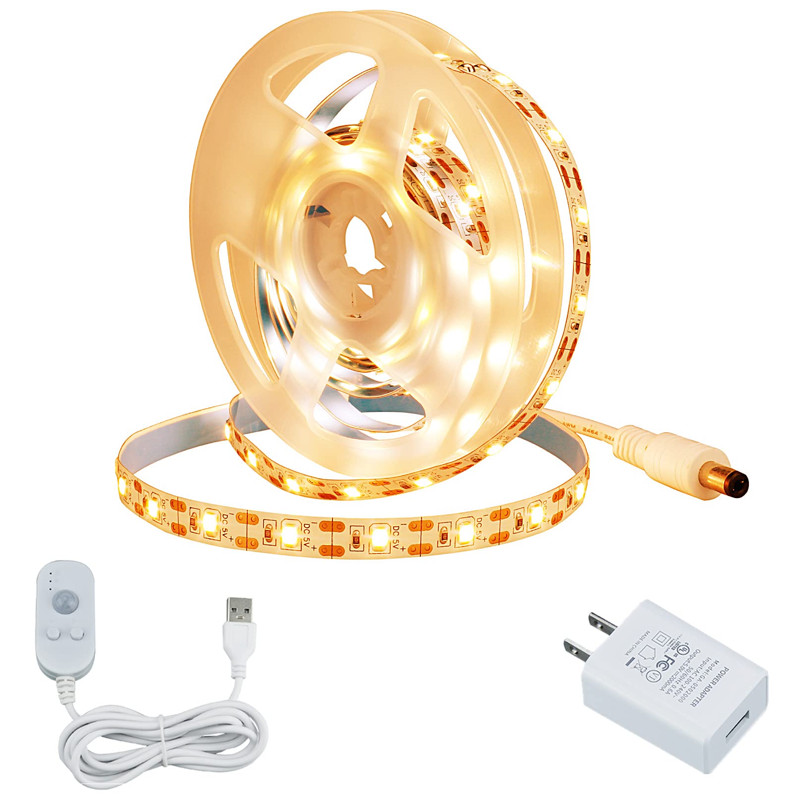 KXZM LED Motion Sensor Strip Light Warm White, 6.6ft/2M USB Powered 5V LED Night Light with Power Supply for Closet Light Bedroom Cabinet