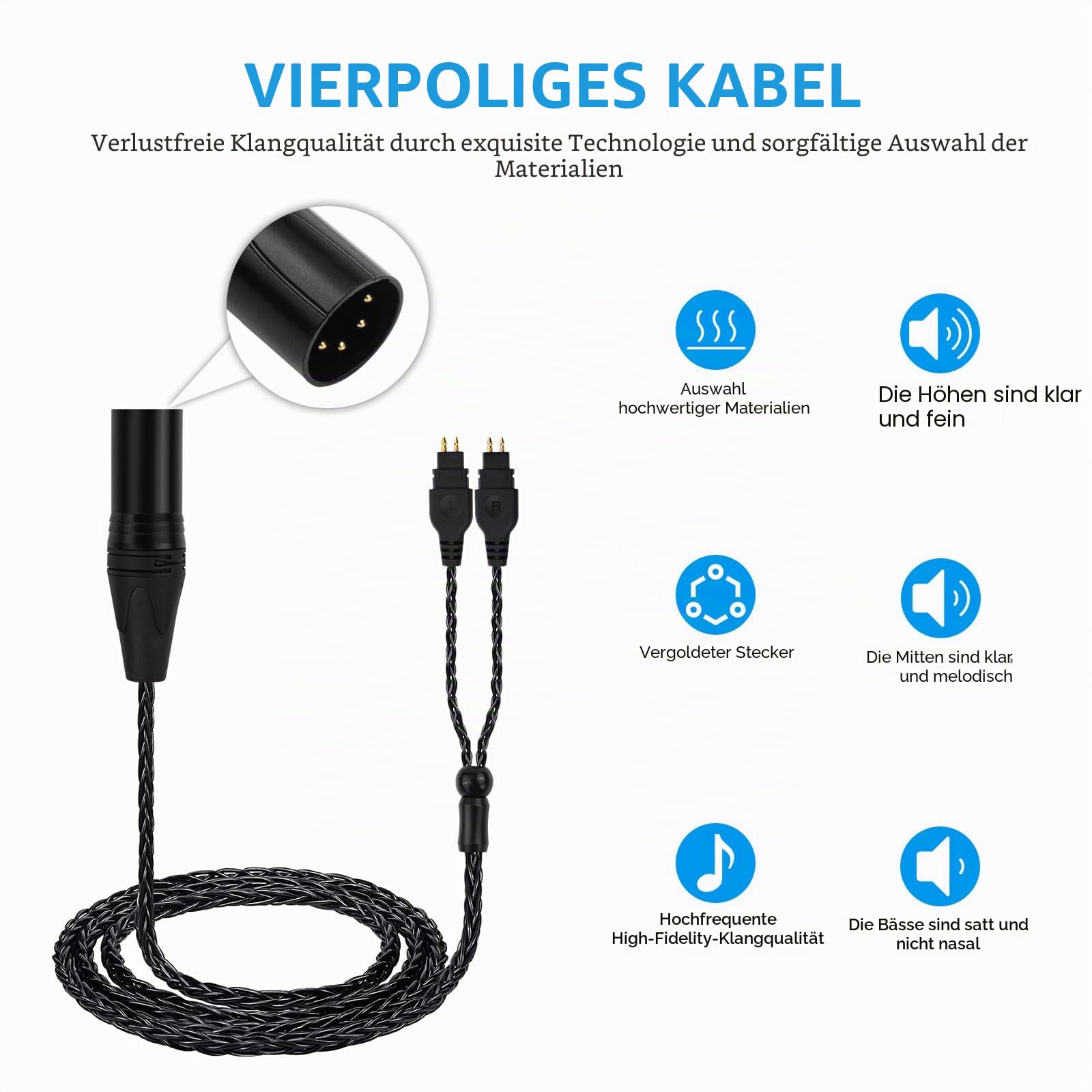 Toxaoii Ersatz-HD600-Audiokabel, 4-poliges XLR-Kabel, kompatibel mit Sennheiser HD6XX HD660s HD650 HD600 HD565 HD580 HD58X Kopfhörerkabel (1,8 m)
