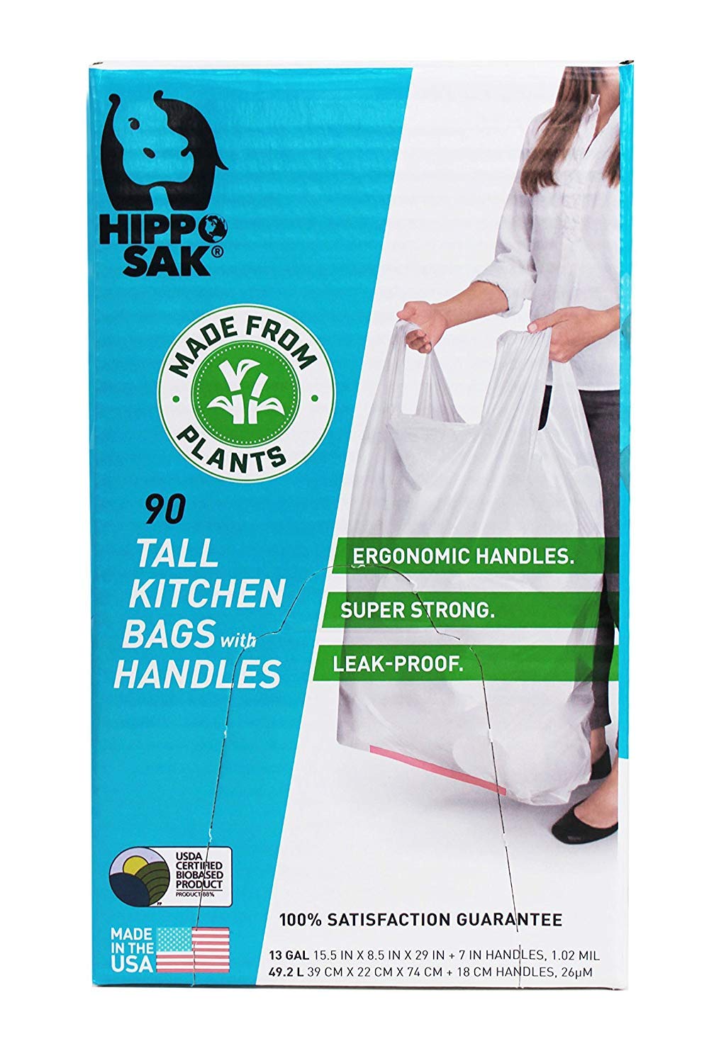 Hippo Sak Bolsas de basura de cocina con asas a base de plantas (49 L, 90 unidades)