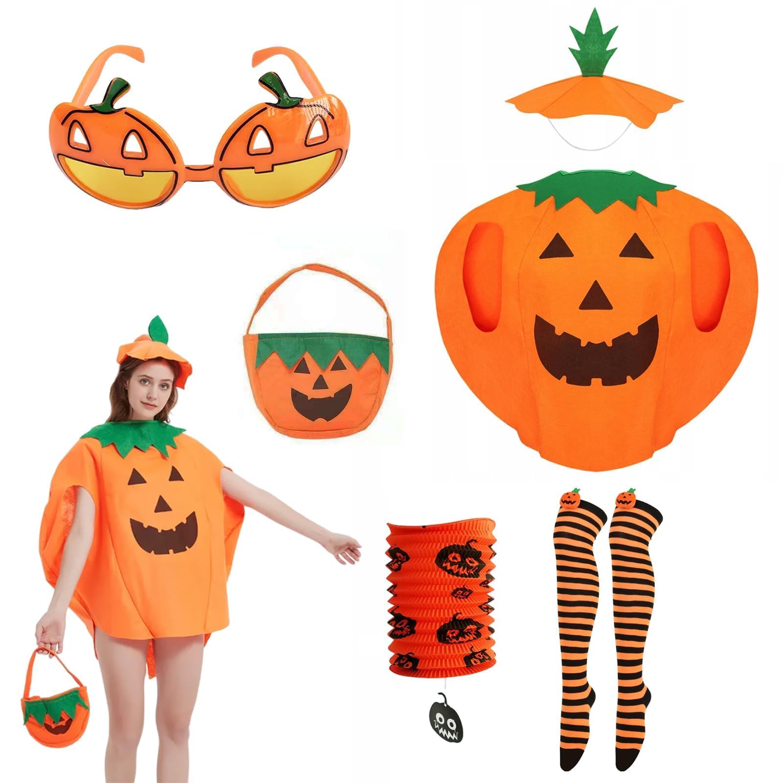 Tbczvx 6 Pcs Pumpkin Costume Set  Ladies Halloween Fancy Dress With Hat,  Candy Bag, Glasses, Stockings, Funny Cosplay - BigaMart