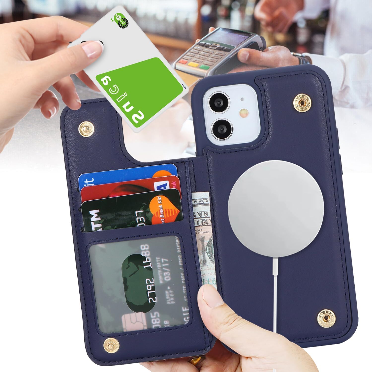 iPhone 12/12 Pro Wallet Case with Card Holder, PU Leather Protective Case for Women & Men (Blue) - Image 2