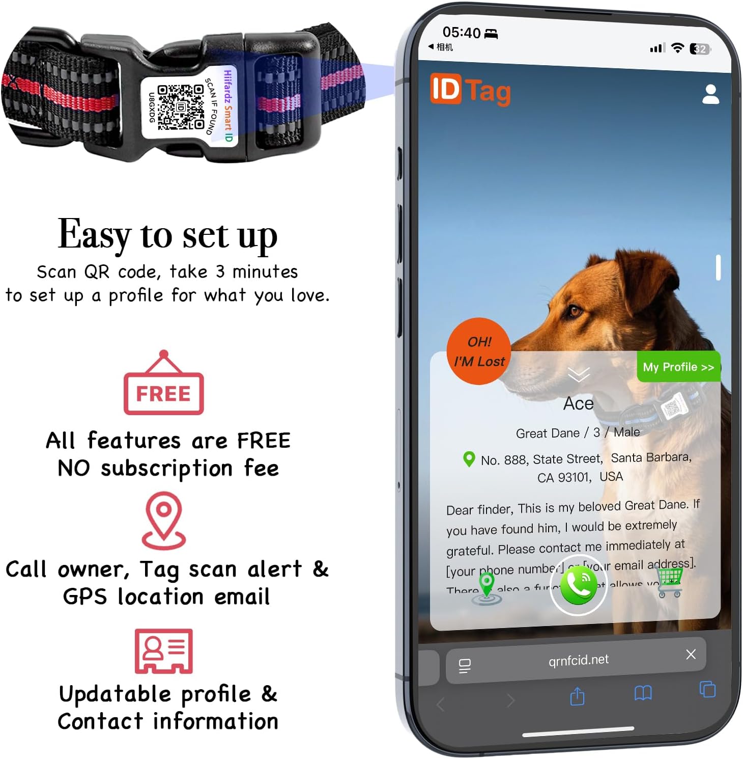Airtag Dog Collar with QR Code Tag - Reflective Adjustable Nylon Collar, Quick Release Buckle for Small Medium Large Dogs, Comfortable Padded Lining (Red, L)