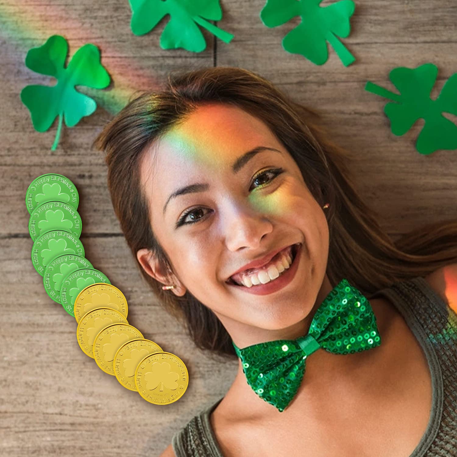 GCCL 100 Pieces St. Patrick's Day Gold Coins, Plastic Green and Gold Shamrock Tokens Lucky Leprechaun Coins - Image 3