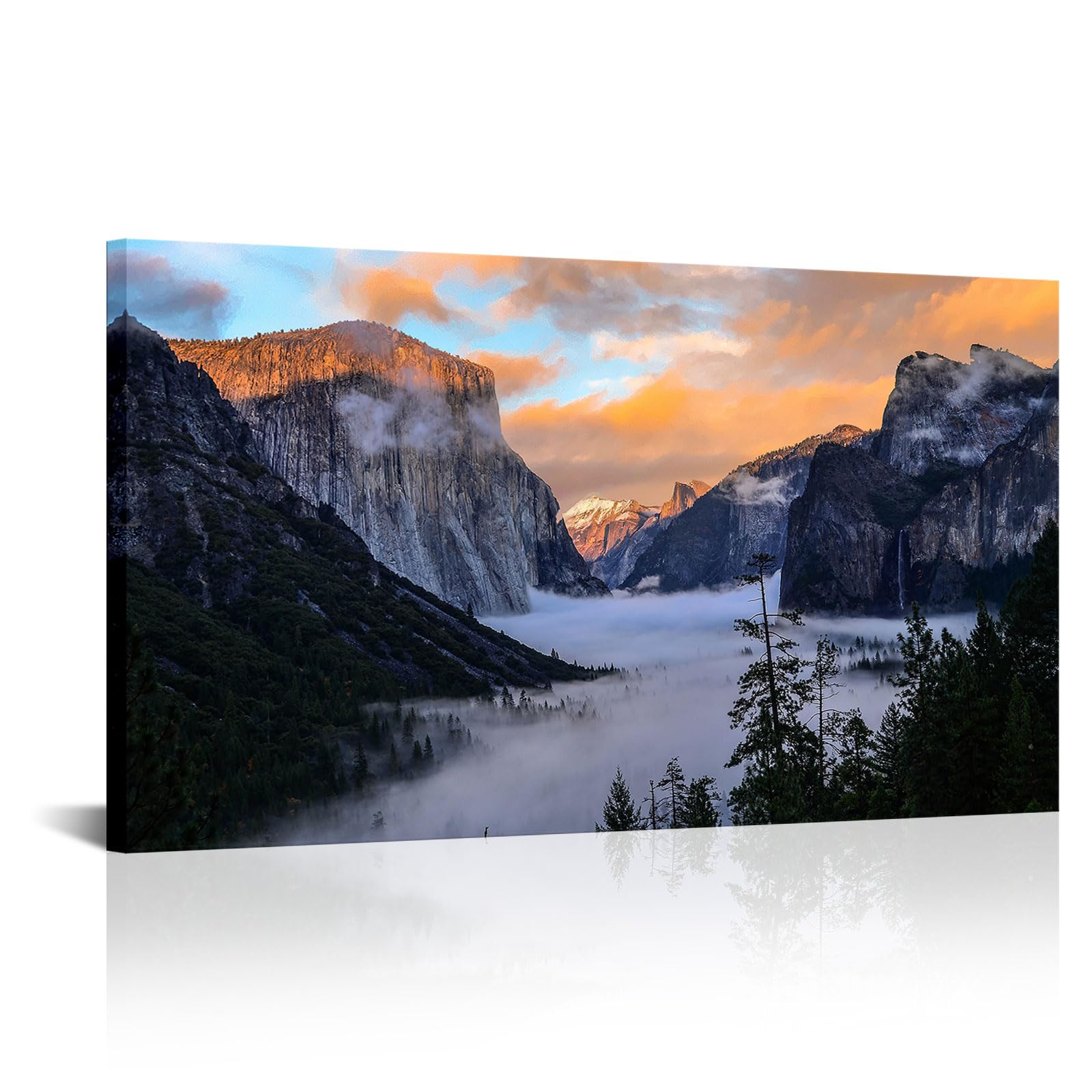 RnnJoile Yosemite Canvas Wall Art Foggy Valley Painting Prints Misty National Park Pictures Wall Decor Framed 20x36 inch