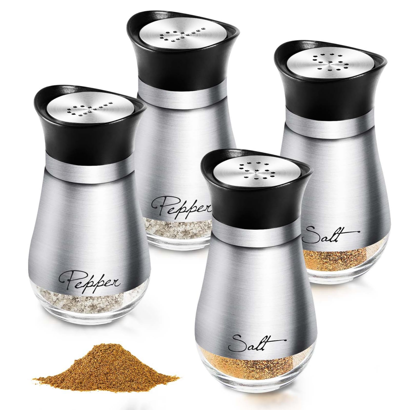WSSROGY4 Pack Salt and Pepper Shakers Set with Stainless Steel Lid Salt Pepper Shaker, 4 oz Glass Bottom Spice Shaker with Pour Holes for Kitchen Gadgets Cooking, Camp, BBQ