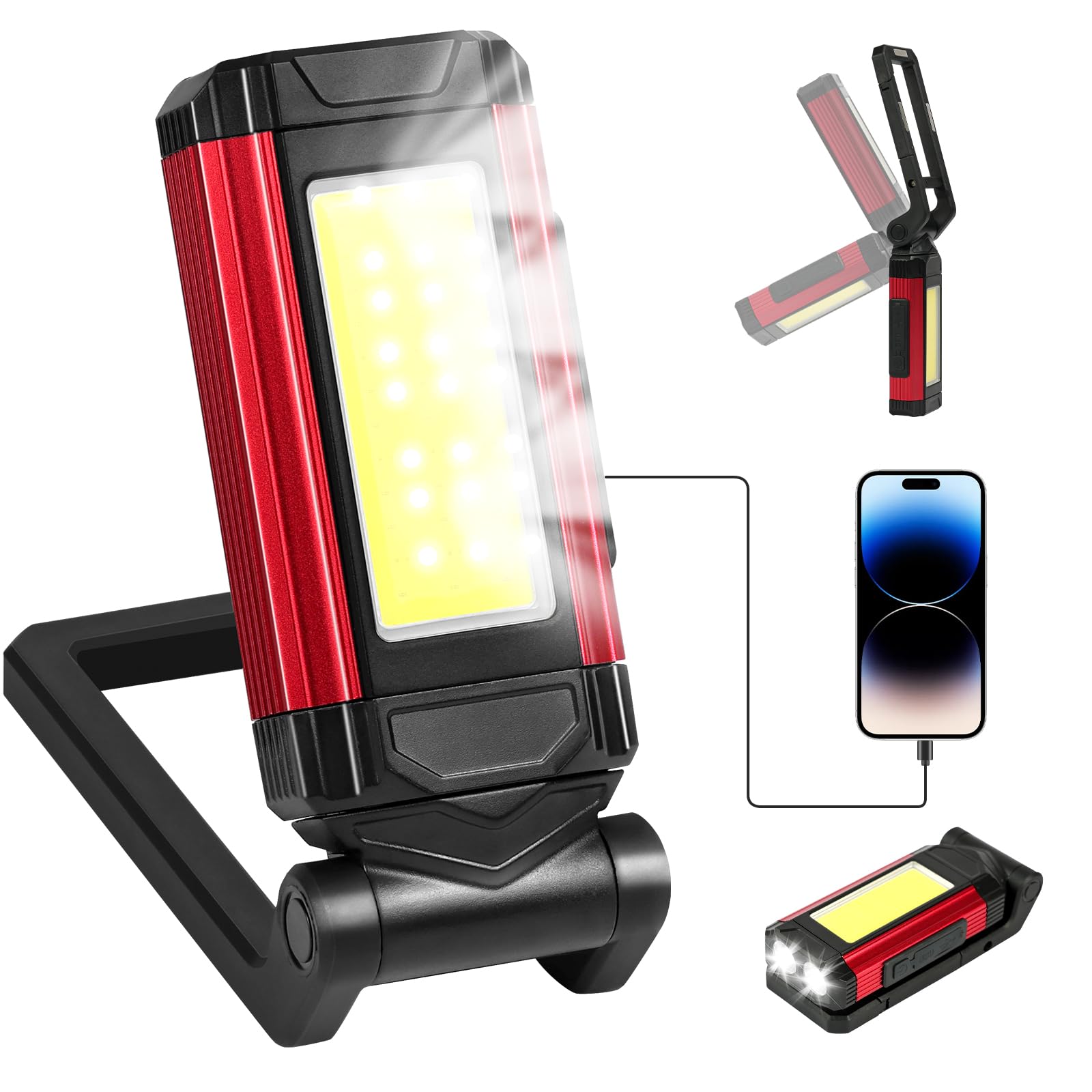 Akumulatorowa Lampa Robocza LED, Ładowalna Latarka Magnetyczna, Przenośna Latarka LED 360° obrotowa z Mocną Magnetyczną Podstawą i Składanym Haczykiem, Lampa Inspekcyjna COB do Samochodów