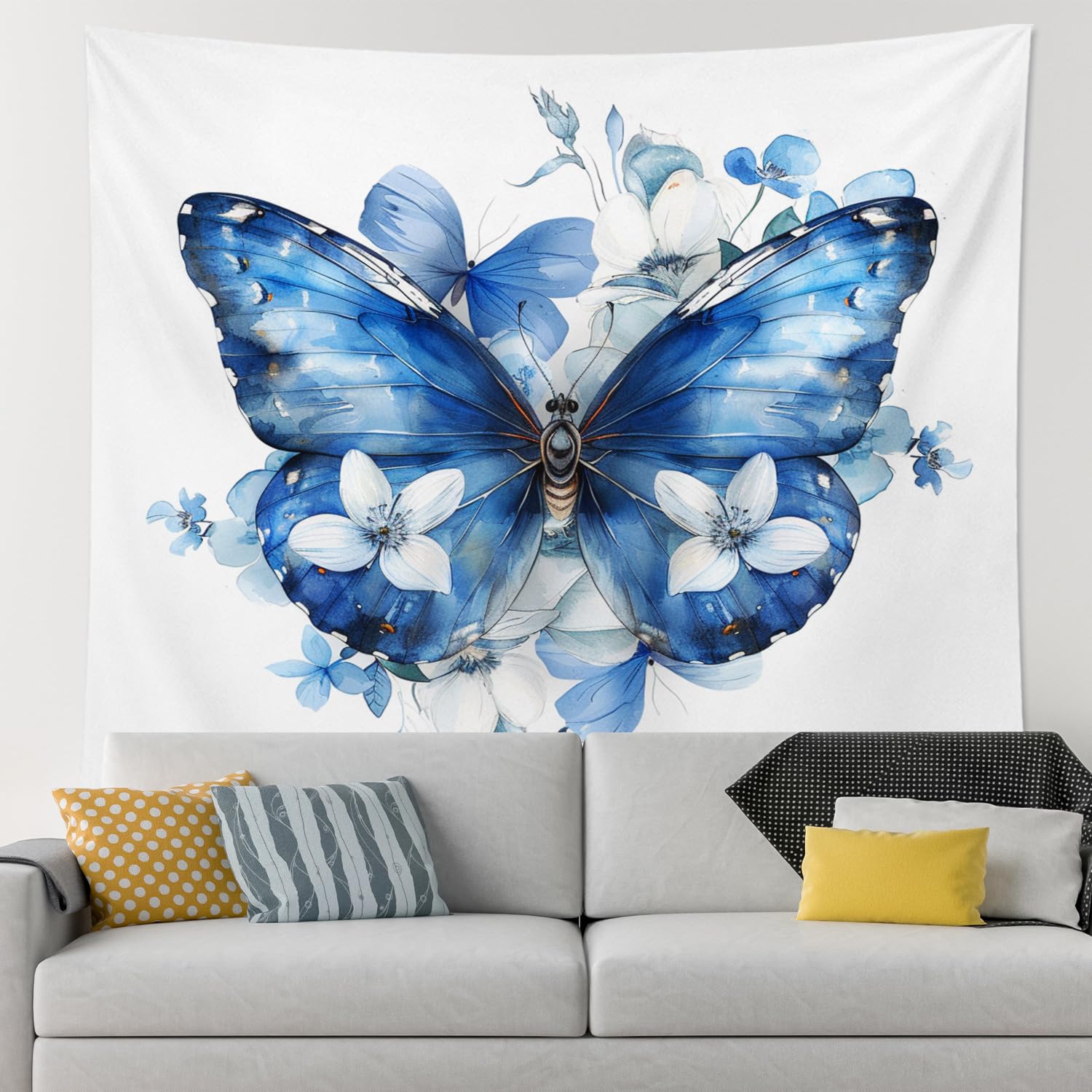 Blue Butterfly Tapestry, Spring Florals Bohemian Decorative Room Wall Hanging, Artistic Tapestries Aesthetic for Bedroom, Living Room, Dorm 50x60 Inch