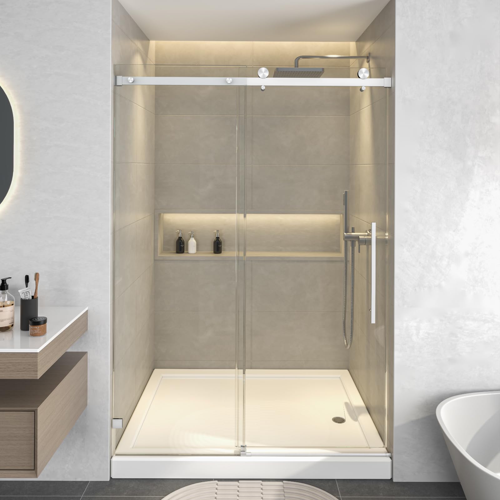 Photo 1 of ***FACTORY SEALED OPEN FOR INSPECTION ****YSTISUON Frameless Sliding Shower Door, 55-60 in. W x 76 in. H Bathroom Glass Shower Door, 5/16" (8mm) Clear Tempered Glass with Explosion-Proof FilmNano Coating (Brushed Nickel W60 xH76)