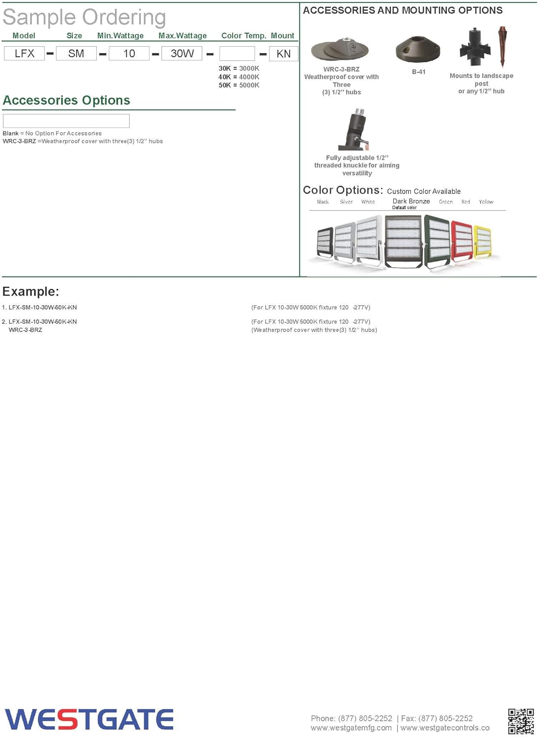 Westgate High Lumen Flood Light, Multi Wattage, 10W-30W, 5000K, LFX-SM-10-30W-50K-KN, Bronze Finish