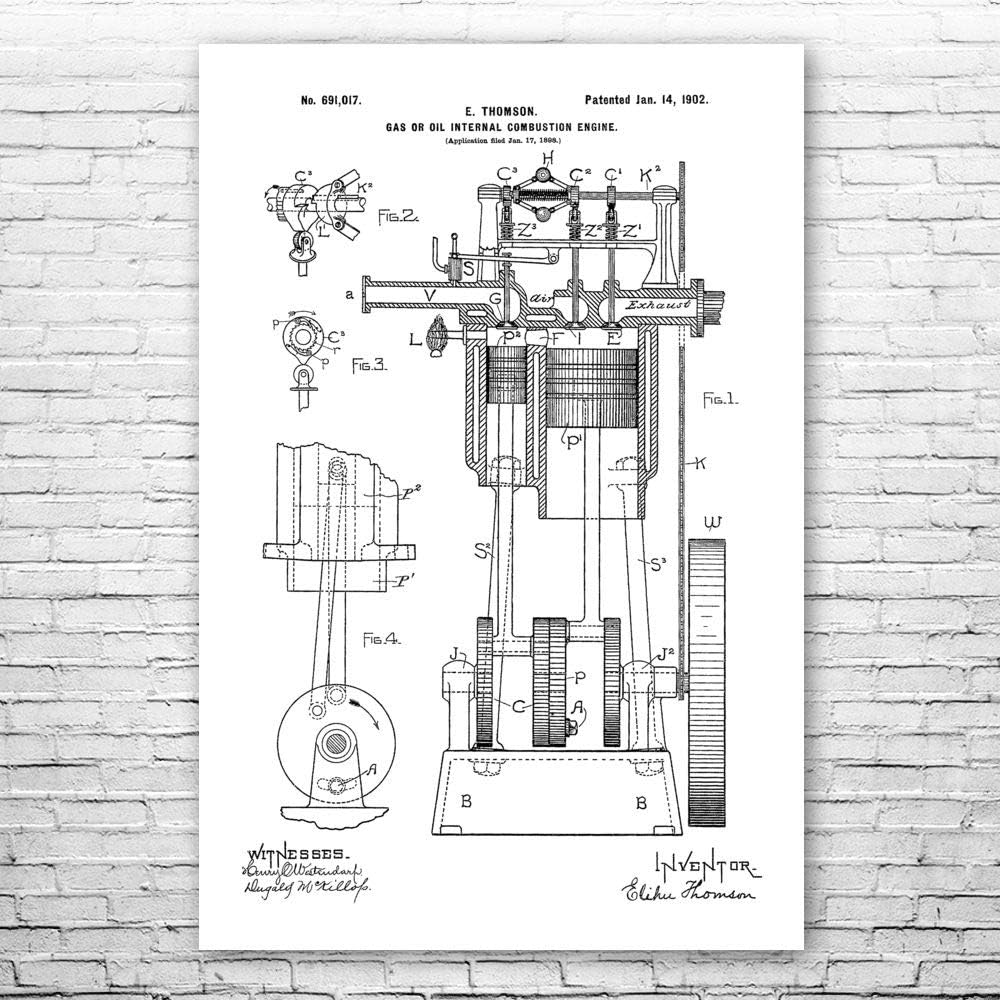 Gas or Oil ICE Engine Poster Print, Gearhead Gifts, Mechanical Engineer, Engineering Gift, Steam Punk Decor Vintage Paper (24 inch x 36 inch)