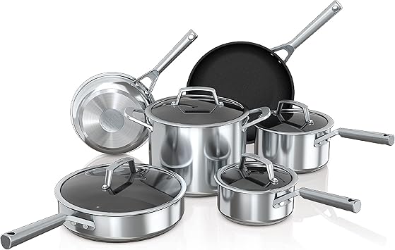 Ninja C69500 Foodi NeverStick Stainless 10-Piece Cookware Set with Glass Lids, Polished Stainless-Steel Exterior, Nonstick, Durable & Oven Safe to 500F, Silver