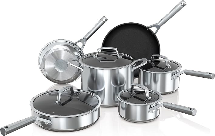Ninja C69500 Foodi NeverStick Stainless 10-Piece Cookware Set with Glass