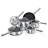 Ninja C69500 Foodi NeverStick Stainless 10-Piece Cookware Set with Glass Lids, Polished Stainless-Steel Exterior, Nonstick, Durable & Oven Safe to 500°F, Silver Stainless Steel 10 Piece Cookware Set Stainless