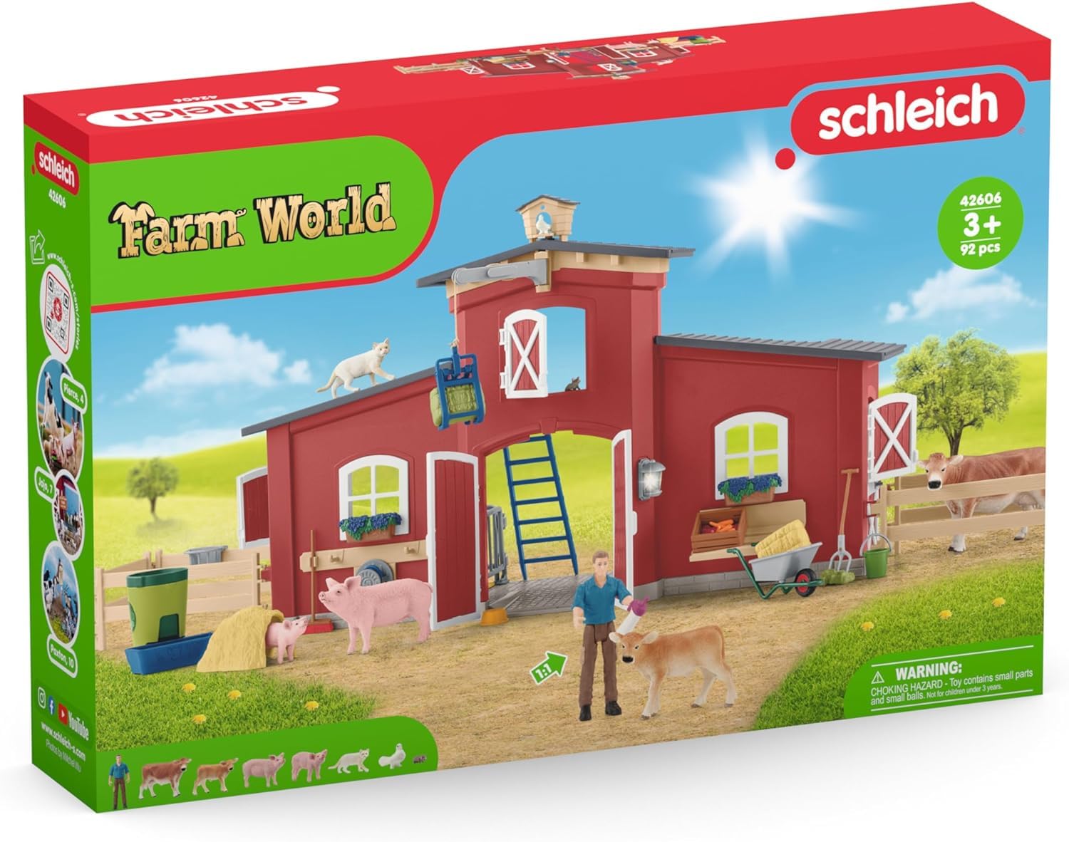 Schleich Farm World | Große rote Farm mit Bauernhaus 42606 | 92 Teile | Set inkl. Haus, Bauer, Kuh, Schwein, Katze, Maus & Zubehör | Bauernhof Spielzeug für Mädchen & Jungen ab 3 Jahren