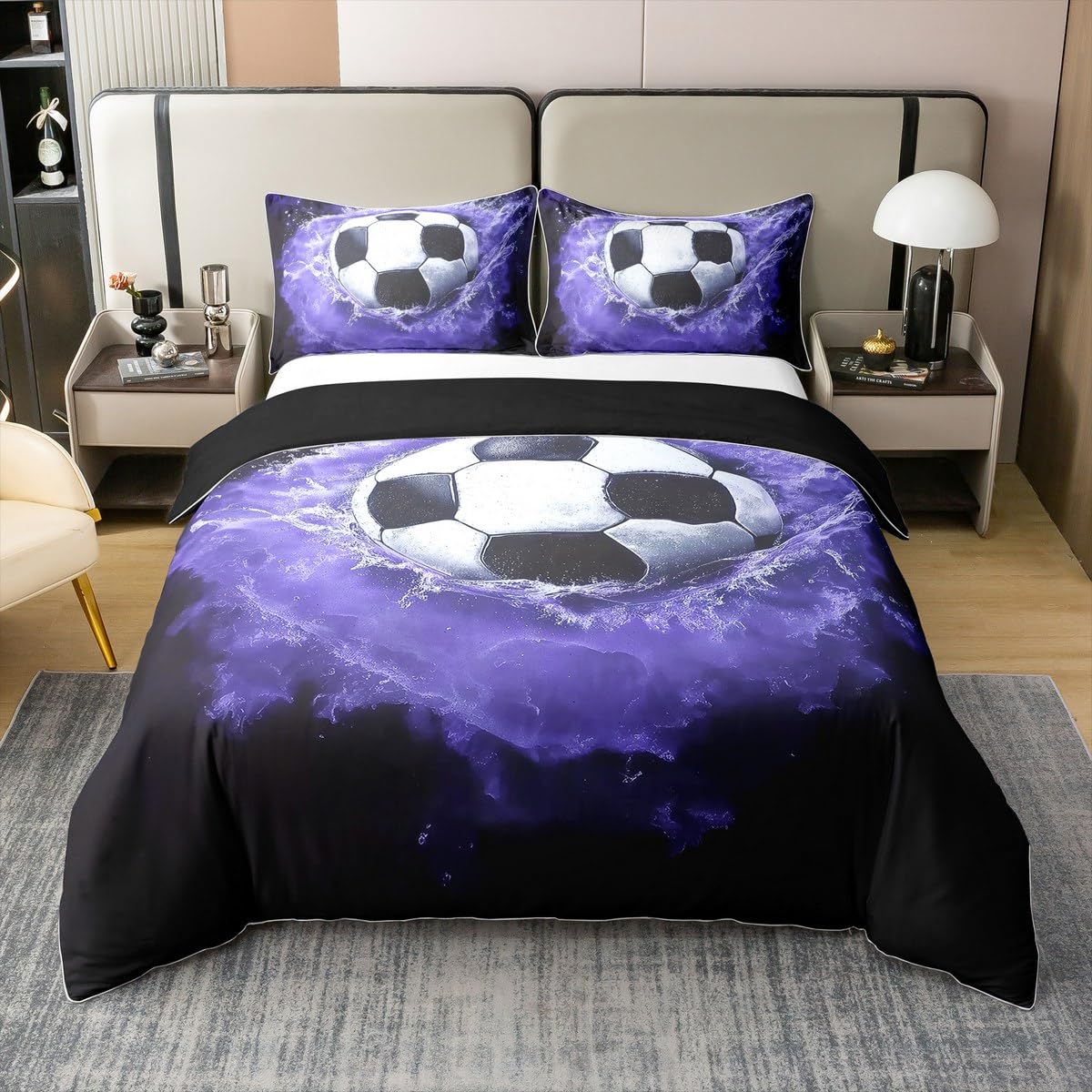 Loussiesd Soccer Bedding Set Super King Soccer Ball Game Comforter Cover Set Gift for Football Lover 100% Cotton Duvet Cover Rugby Sports Bedspread Cover Purple Black Quilt Cover No Comforter