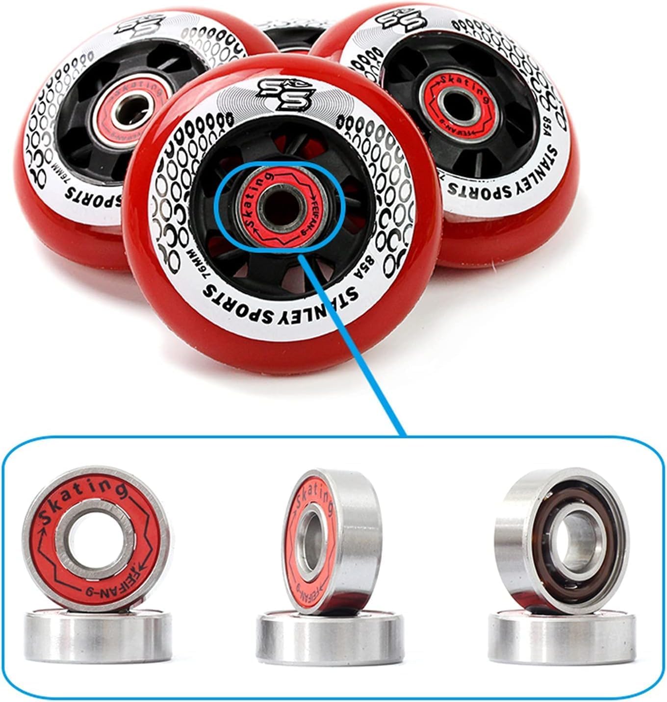 Roller Skating Wheels Replacement Wheels Inline Skate Wheels With Bearings(Red,76mm)