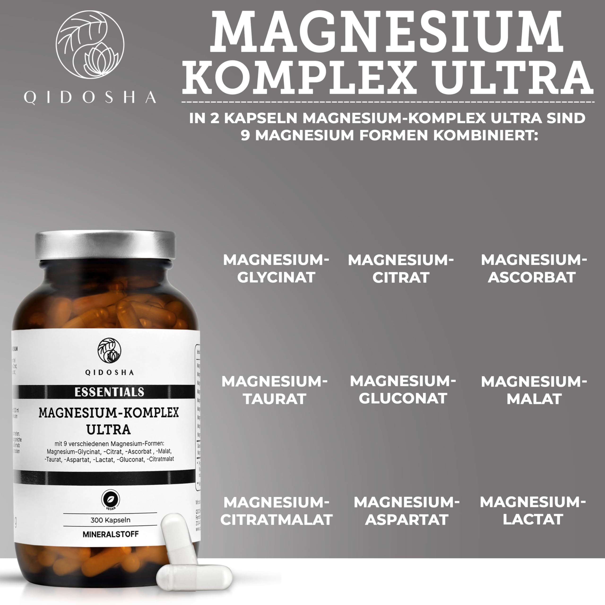 QIDOSHA® Magnesium Komplex hochdosiert, 300 Kapseln im Apothekerglas, 9 Mg-Formen mit sich ergänzenden Wirkschwerpunkten als Mg-Vollspektrum, 300mg elementares Magnesium/Tagesportion