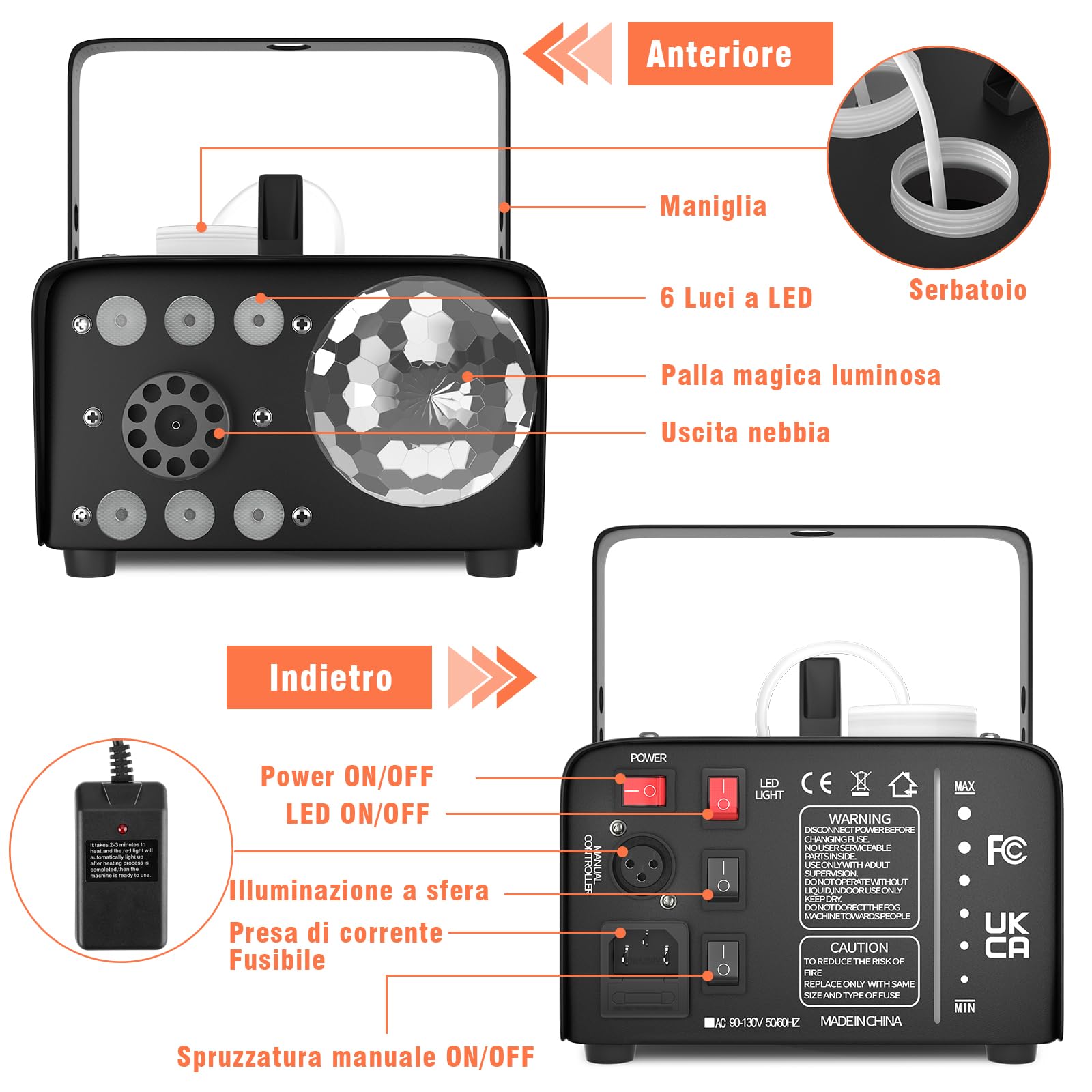 Hakuta, macchina per nebbia, 600 W, con luci a sfera da discoteca e luci LED RGB a LED, 2300 CFM spray con funzione di spruzzo automatica, ideale per feste