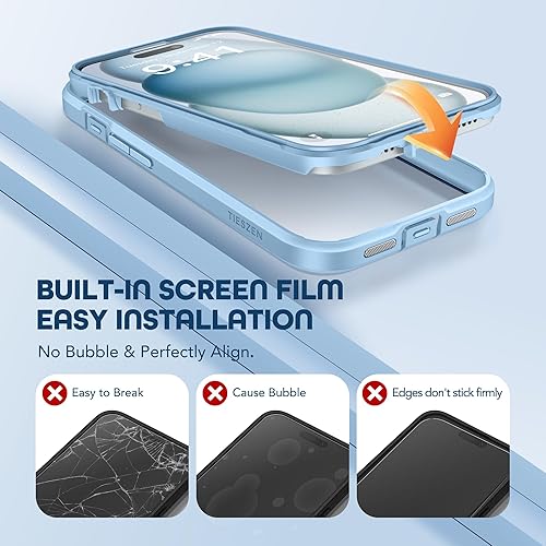 Miniatura 5 de TIESZEN Funda compatible con iPhone 15 Plus, con protector de pantalla de vidrio templado 9H integrado + 2 protectores de lente de cámara, cubierta