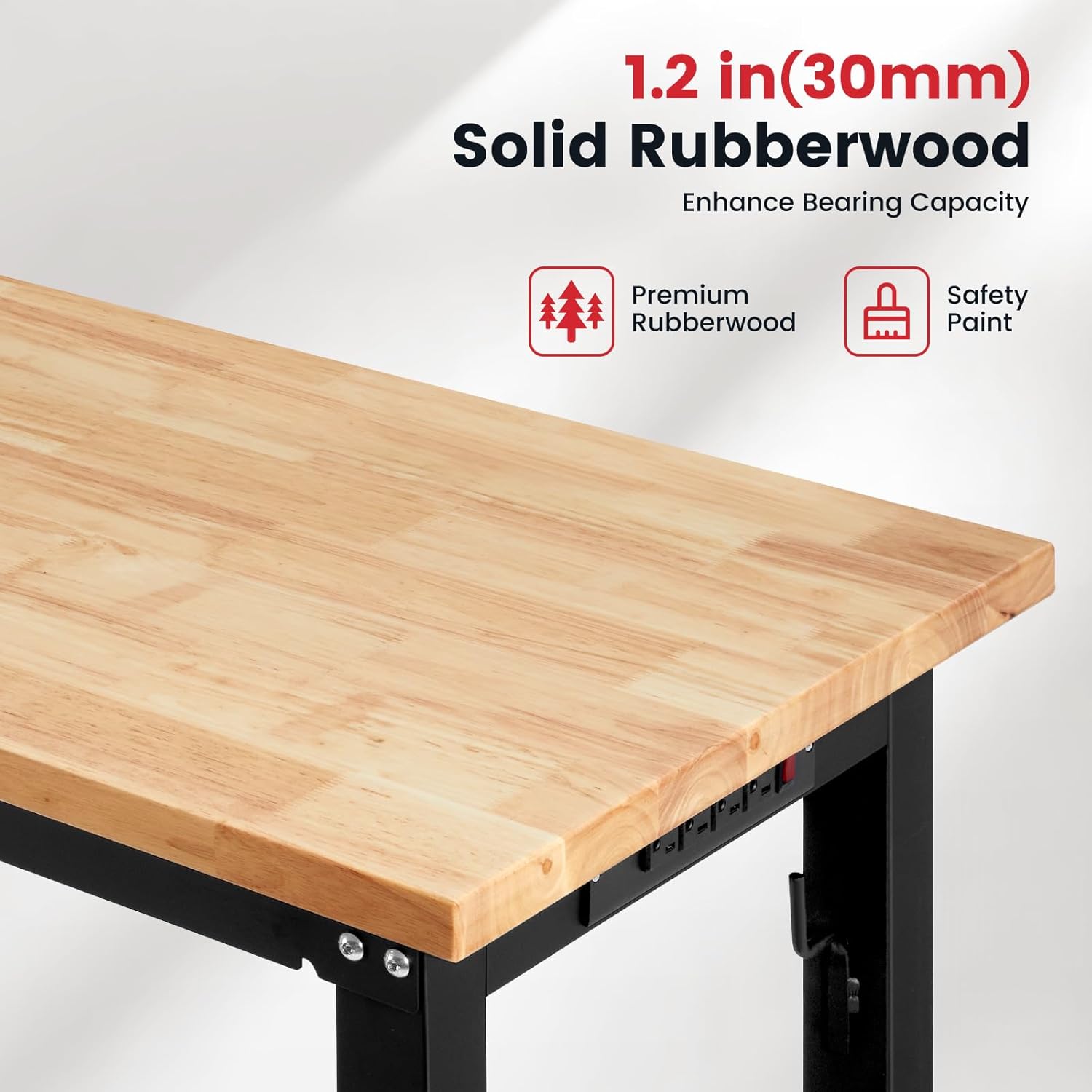 ENJOYWOOD 48" x 20" Adjustable Height Workbench Heavy Duty Rubberwood Work Table with Pegboard & Power Outlets for Garage, Workshop, Home & Office