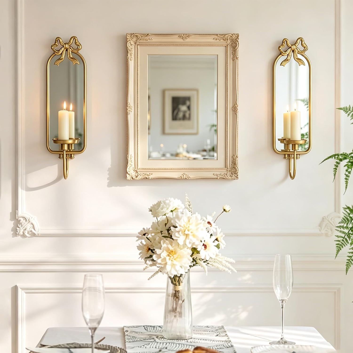 Gold Bow Wall Candle Sconces Set of 2 with Mirror, Metal Wall Candle Holder
