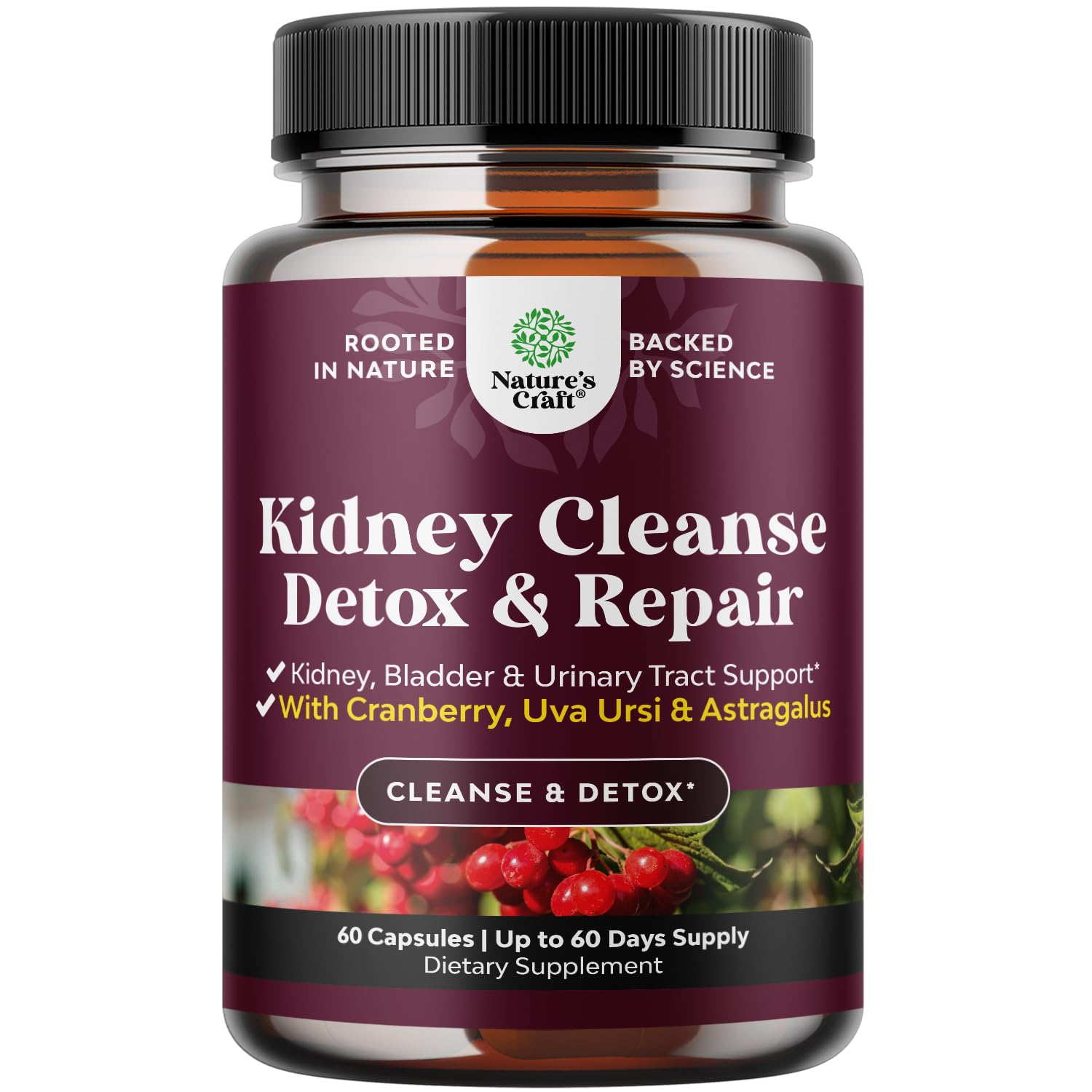 Advanced Kidney Support Supplement - Kidney Cleanse Detox & Repair Cranberry Extract Capsules with Uva Ursi, Stinging Nettle & Astragalus for Kidney health - Urinary Tract Health - 60 Caps