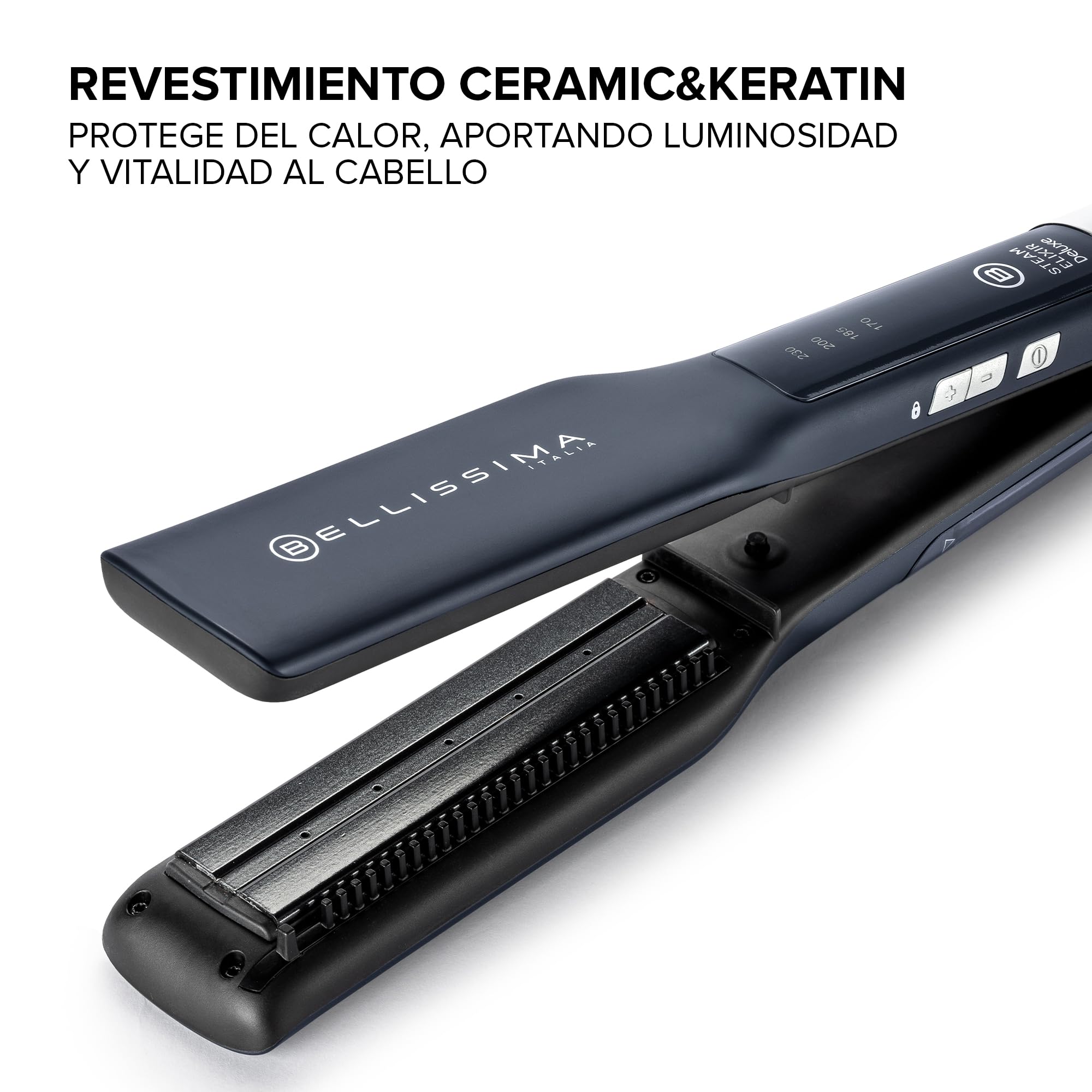 Bellissima Steam Elixir Deluxe Plancha Alisadora, Alisa El Cabello en un Solo Paso sin Dañarlo, Revestimiento de Cerámica y Queratina, Calentamiento Rápido, 4 Temperaturas, Diseño Redondeado