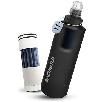 Bachgold Squeeze Water Filter Bundle Foldable Camping Water Filter Bottle Grey 16.9 Oz + Replacement Filter | Swiss-Made 2-Stage Filtration for Hiking, Backpacking, Travel & Emergency Preparedness