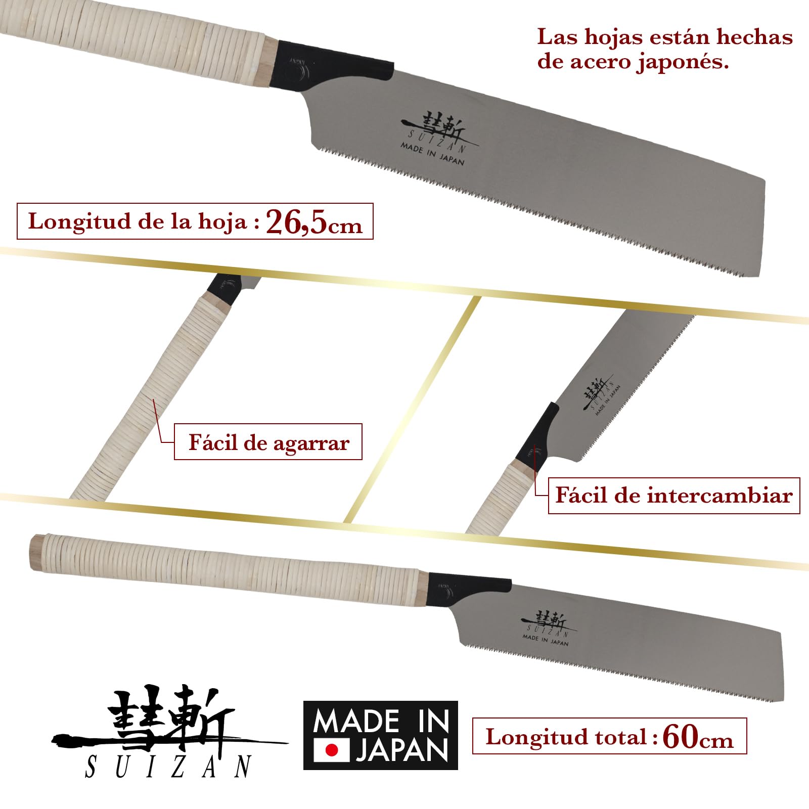SUIZAN Kataba Sierra japonesa de un solo filo 265mm - Serrucho de mano profesional Herramientas carpinteria madera