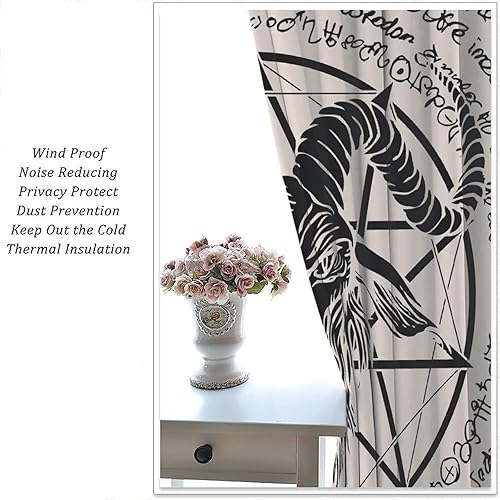 Vista 73 de Cortinas de cabeza de cabra, misteriosa cabeza de cabra malvada, calavera negra, bolsillo para barra, cortinas opacas para ventana, juego de 2