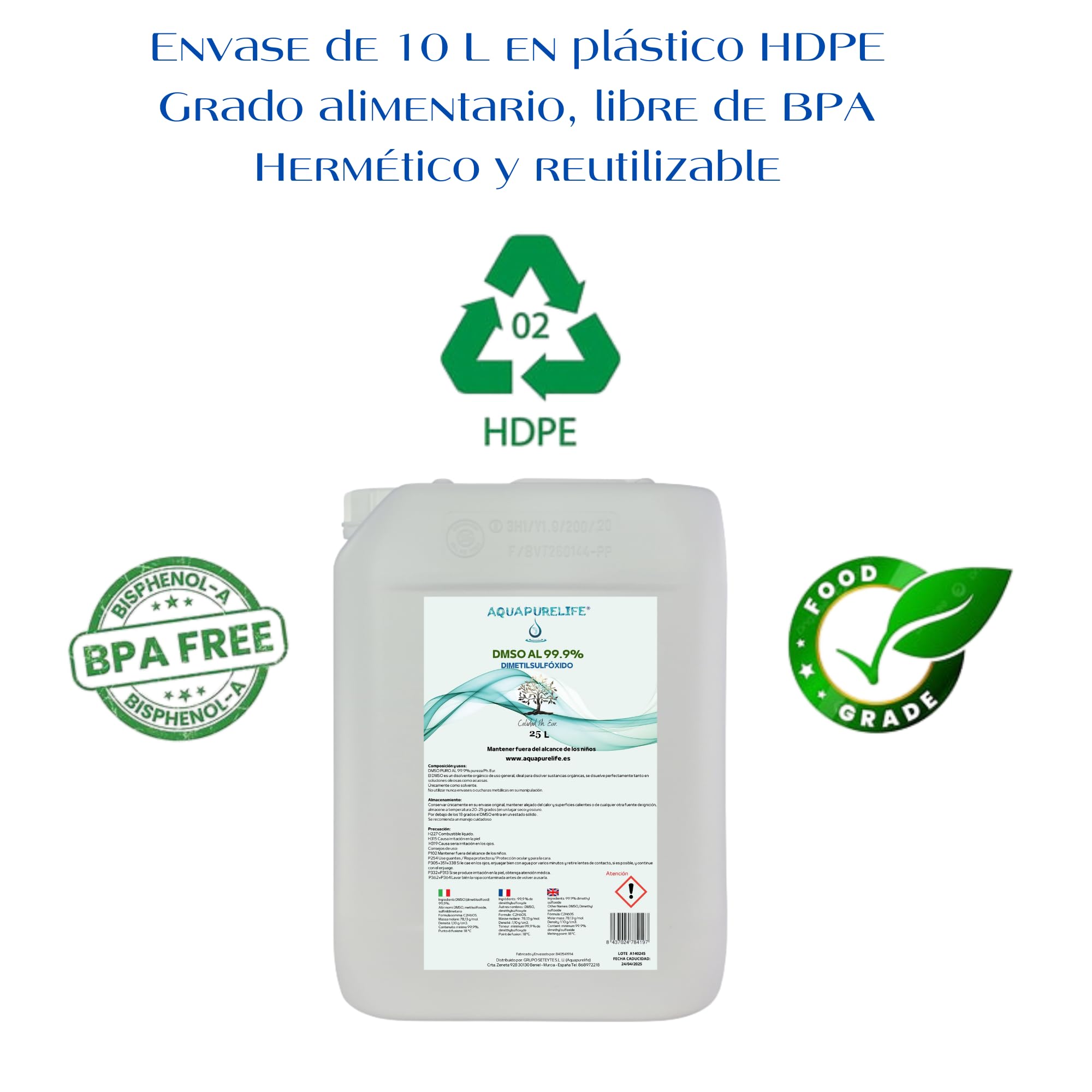 DMSO - Dimetilsulfóxido de Pureza 99,9% - 10 litros - Envase HDPE - Apto para mezclar o diluir