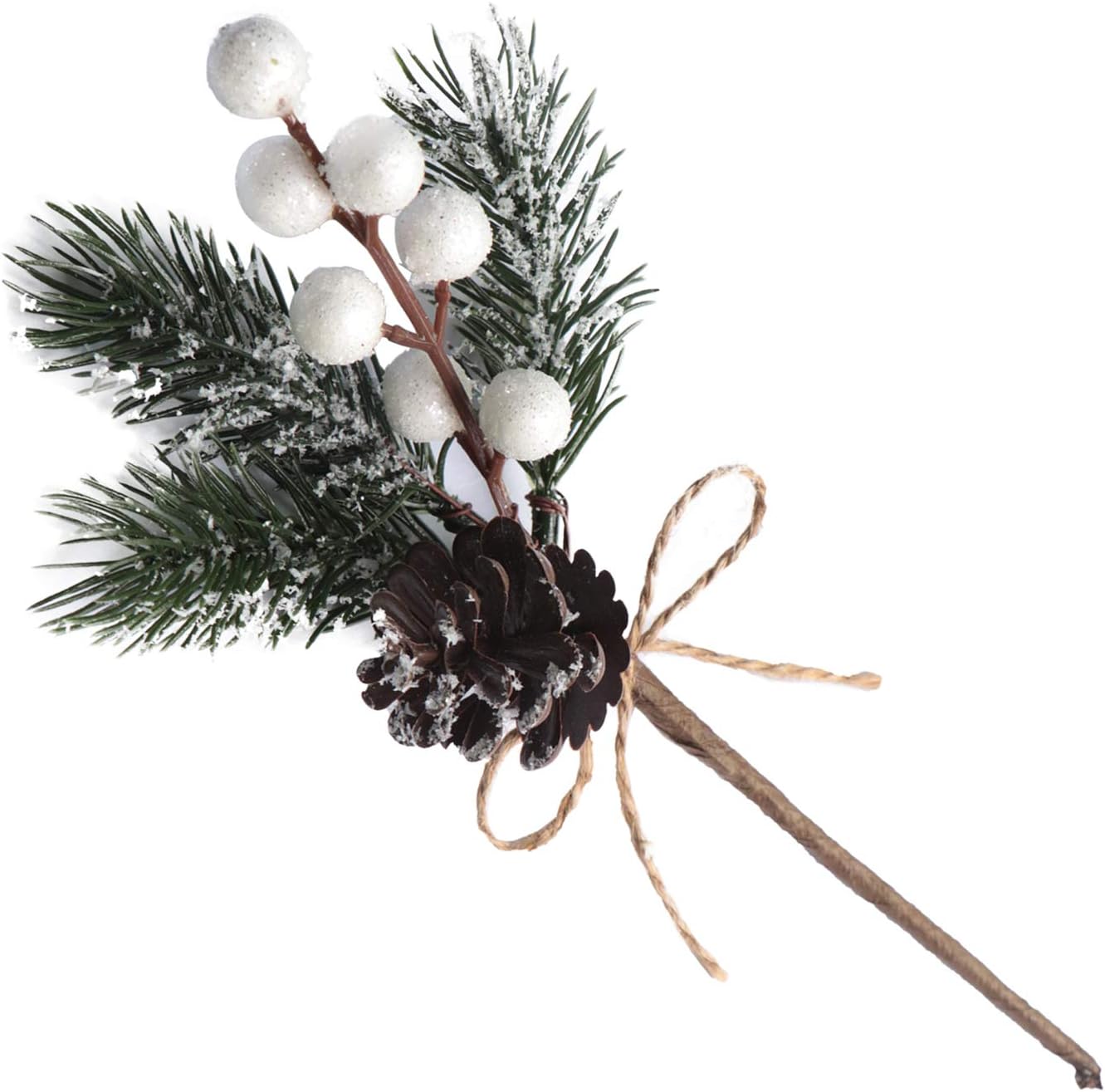 10 PCS Artificial Christmas Tree Picks Sprays 8" Frosted Pine Branches Stems with Pinecones & White Holly Berries Twigs for Home Garden Xmas Party Flower Arrangements Ornaments Holiday Decor (White)
