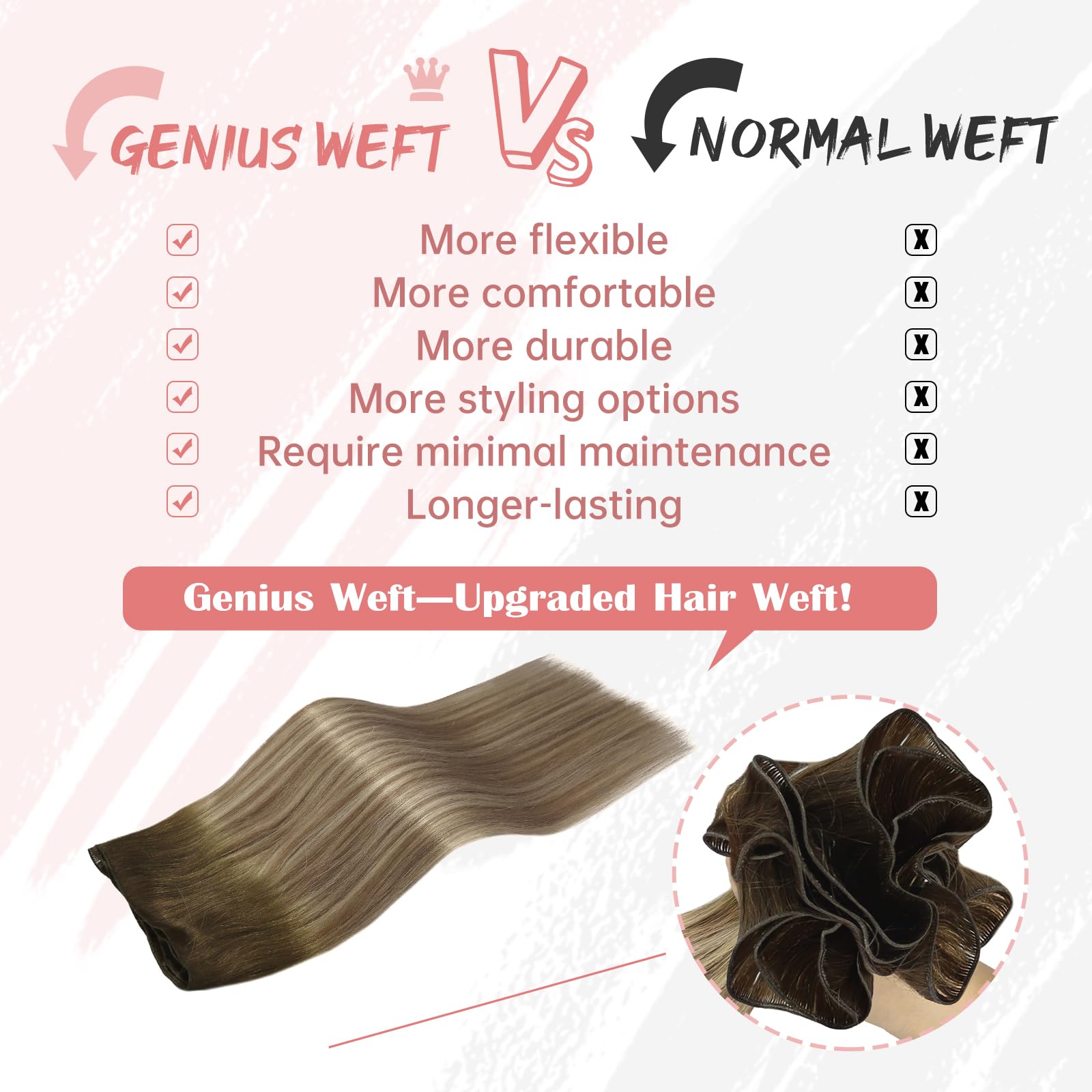 Fshine Weft Hair Extensions Human Hair Dark Brown to Ash Brown Highlight Medium Blonde Weft Hair Extensions Sew in 22 Inch Straight Human Hair Extensions 60g - Image 4